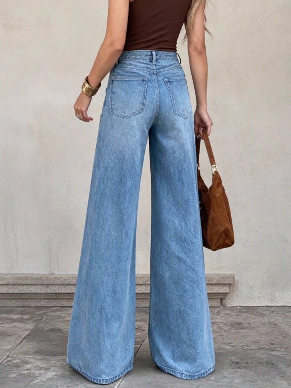 Medium Blue Casual Women's High-Waisted Wide-Leg Denim Pants with Button Zipper - Picture 2 of 5